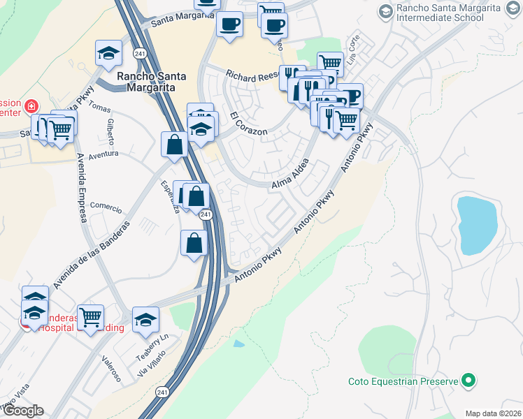 map of restaurants, bars, coffee shops, grocery stores, and more near 1 Socorro in Rancho Santa Margarita