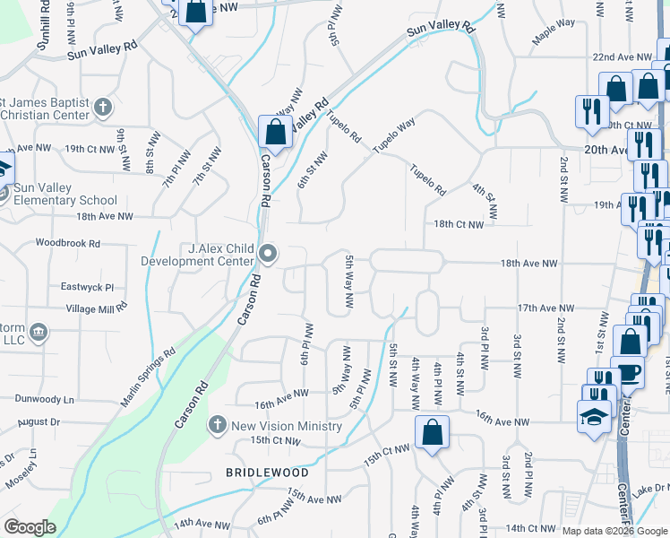 map of restaurants, bars, coffee shops, grocery stores, and more near 1732 6th Street Northwest in Center Point