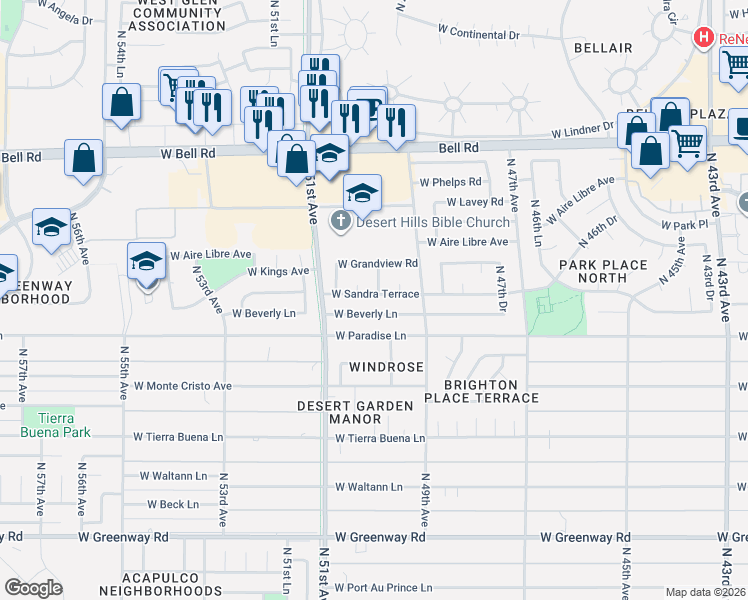map of restaurants, bars, coffee shops, grocery stores, and more near 4939 West Beverly Lane in Glendale