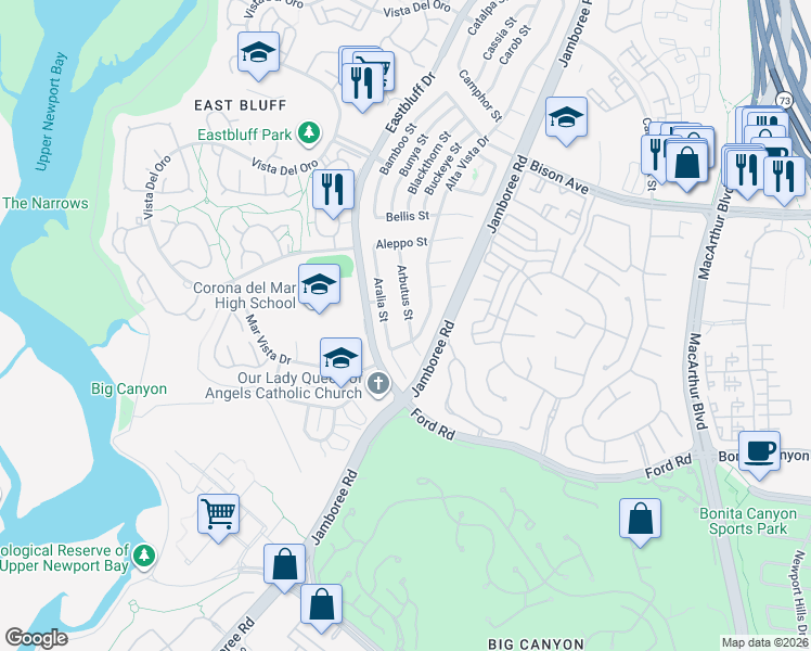 map of restaurants, bars, coffee shops, grocery stores, and more near 4261 Uptown Newport Drive in Newport Beach
