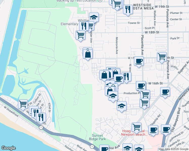 map of restaurants, bars, coffee shops, grocery stores, and more near 1645 Pocomo Way in Costa Mesa