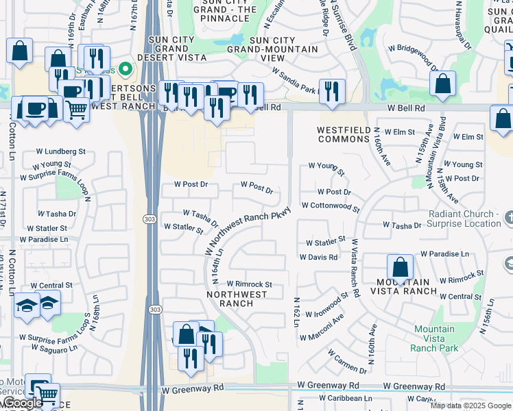 map of restaurants, bars, coffee shops, grocery stores, and more near 16356 North 164th Lane in Surprise