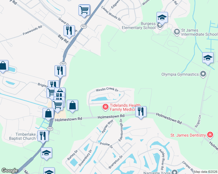 map of restaurants, bars, coffee shops, grocery stores, and more near 8943 Alexander Court in Myrtle Beach