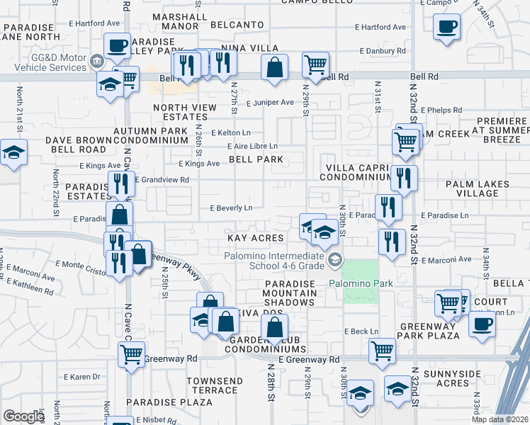 map of restaurants, bars, coffee shops, grocery stores, and more near 16035 North 27th Street in Phoenix
