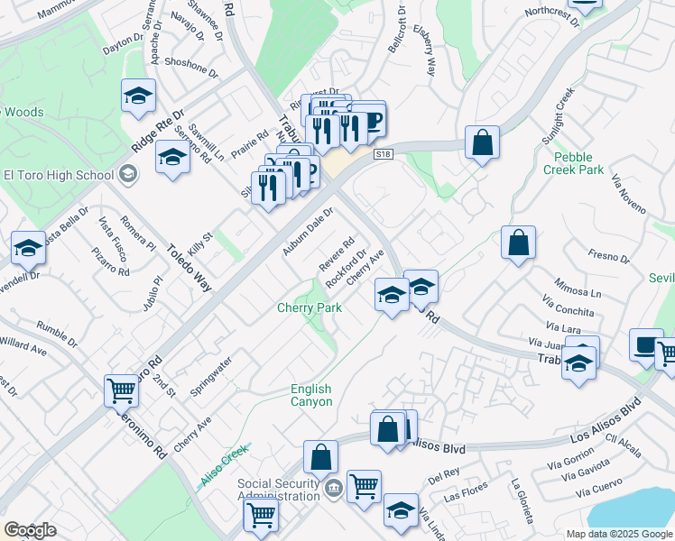 map of restaurants, bars, coffee shops, grocery stores, and more near 22725 Brookhaven in Lake Forest