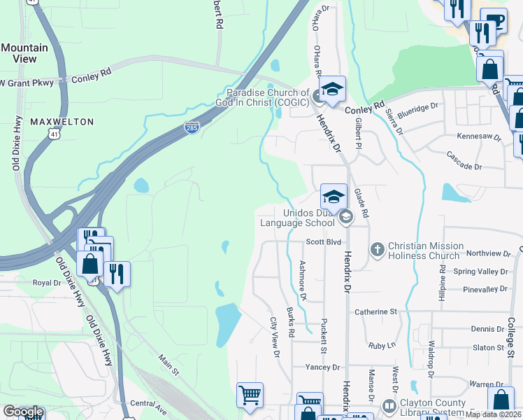 map of restaurants, bars, coffee shops, grocery stores, and more near 424 Willena Drive in Forest Park