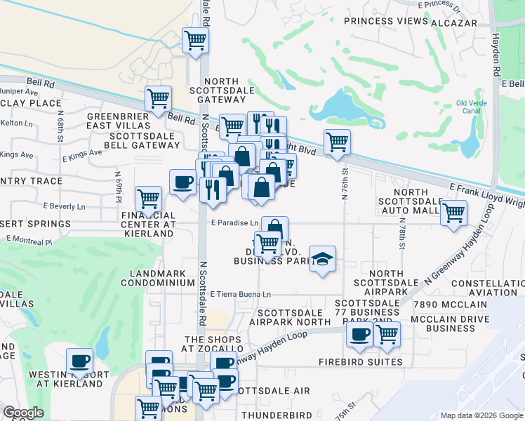 map of restaurants, bars, coffee shops, grocery stores, and more near 16239 North Scottsdale Road in Scottsdale