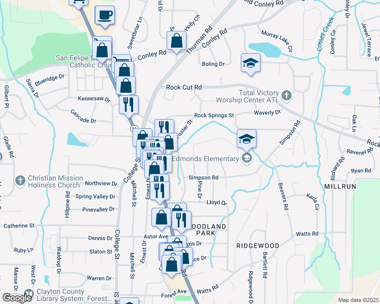 map of restaurants, bars, coffee shops, grocery stores, and more near 1066 Stoneybrook Road in Forest Park