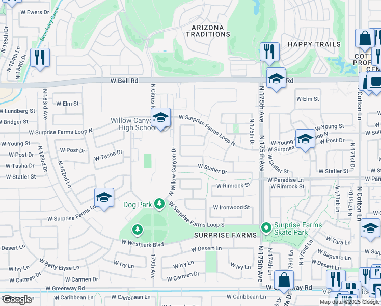 map of restaurants, bars, coffee shops, grocery stores, and more near 17752 West Tasha Drive in Surprise