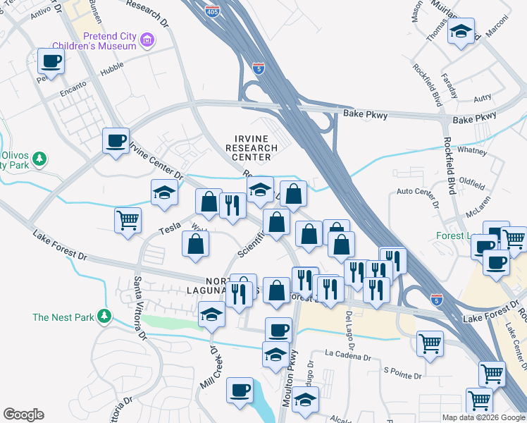 map of restaurants, bars, coffee shops, grocery stores, and more near in Irvine