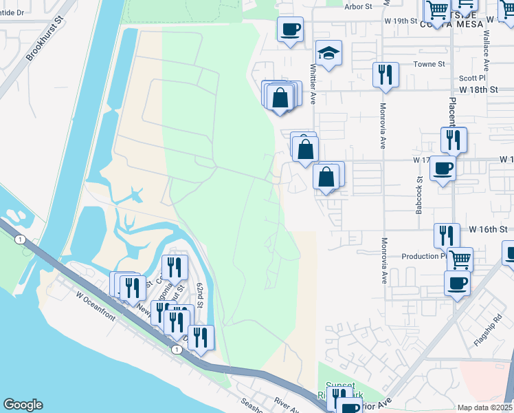 map of restaurants, bars, coffee shops, grocery stores, and more near 5800 West Coast Highway in Newport Beach