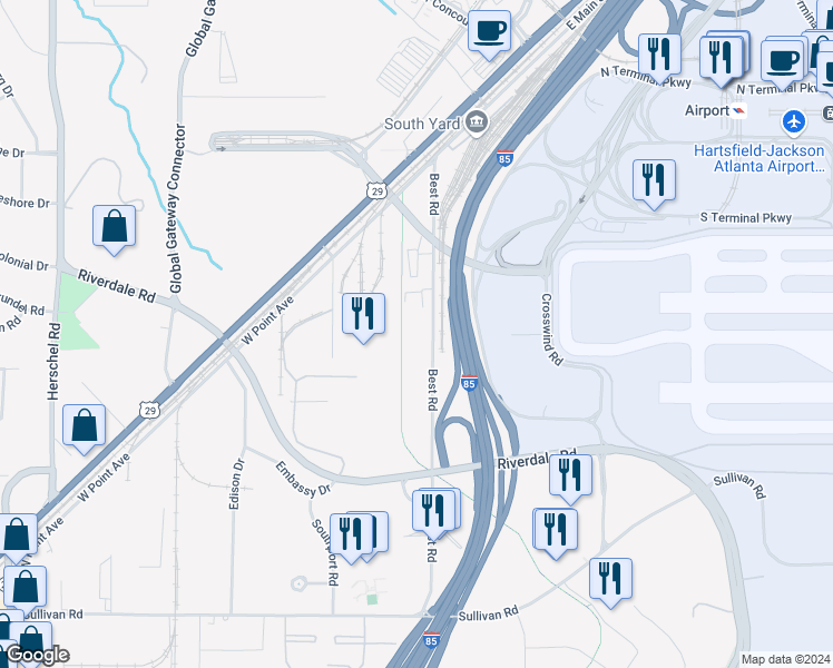 map of restaurants, bars, coffee shops, grocery stores, and more near 4475 Best Road in Atlanta