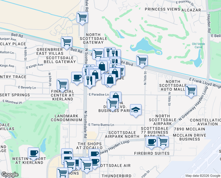 map of restaurants, bars, coffee shops, grocery stores, and more near in Scottsdale