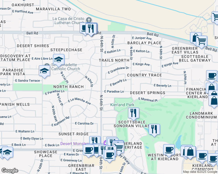 map of restaurants, bars, coffee shops, grocery stores, and more near 6425 East Paradise Lane in Scottsdale