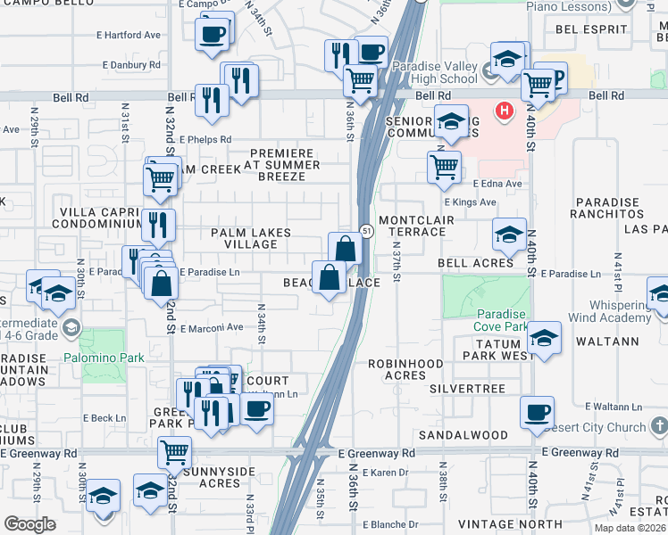 map of restaurants, bars, coffee shops, grocery stores, and more near 3337 East Carol Ann Way in Phoenix