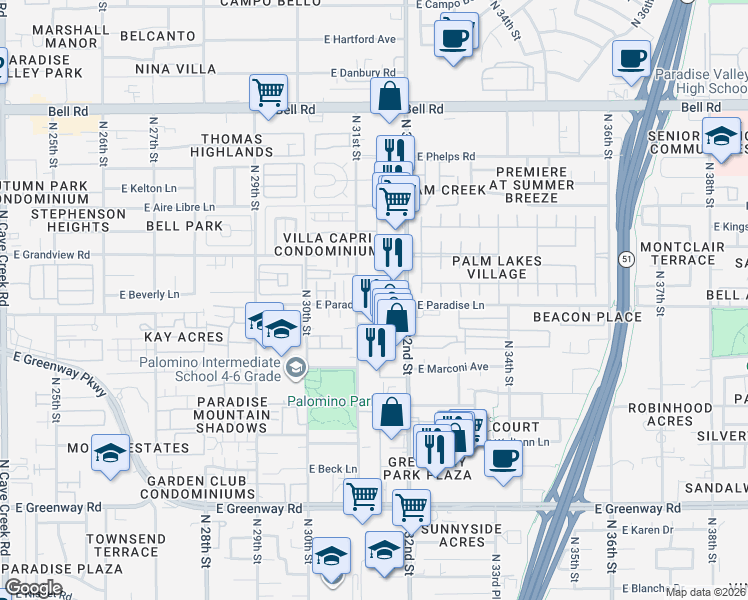 map of restaurants, bars, coffee shops, grocery stores, and more near 16042 North 31st Street in Phoenix