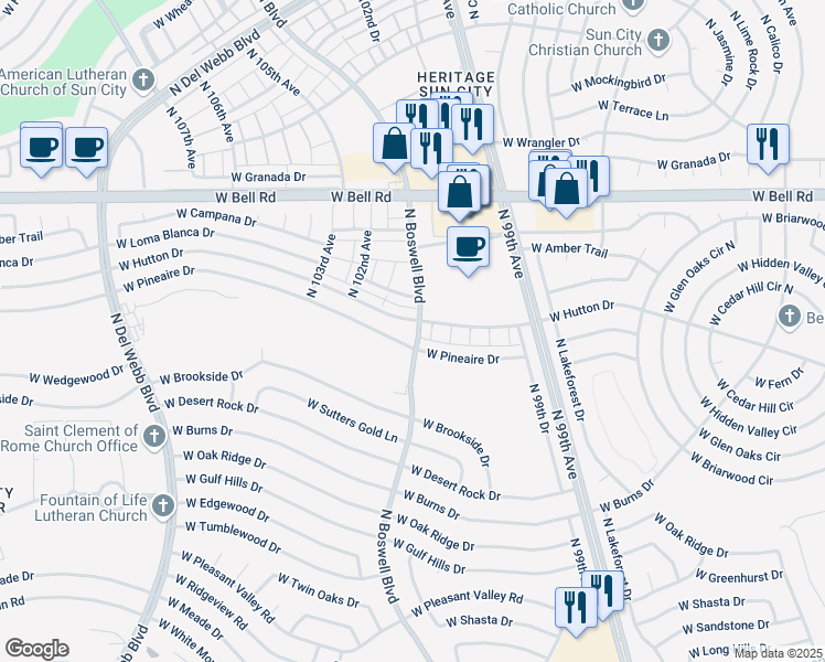map of restaurants, bars, coffee shops, grocery stores, and more near 10105 West Pineaire Drive in Sun City