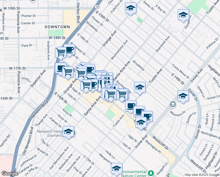 map of restaurants, bars, coffee shops, grocery stores, and more near 333 East 17th Street in Costa Mesa