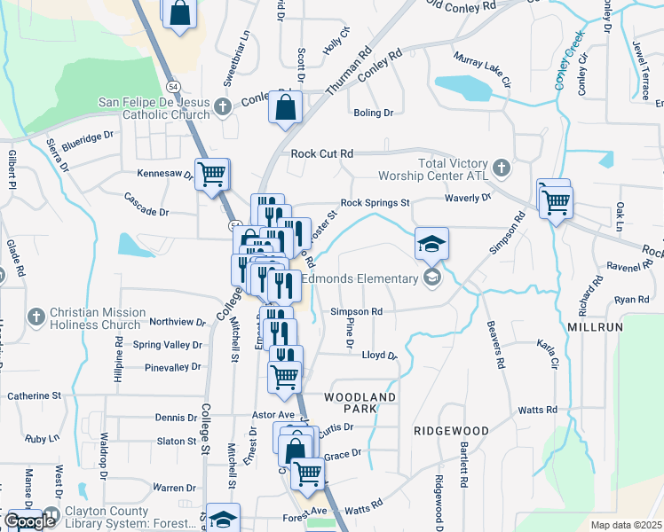 map of restaurants, bars, coffee shops, grocery stores, and more near 1066 Stoneybrook Road in Forest Park