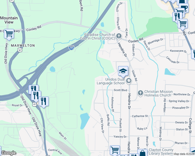 map of restaurants, bars, coffee shops, grocery stores, and more near 424 Willena Drive in Forest Park