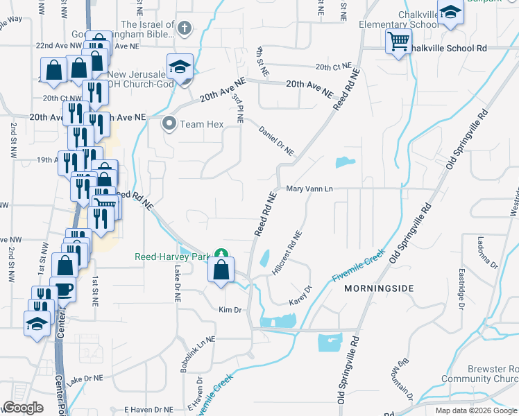 map of restaurants, bars, coffee shops, grocery stores, and more near 311 18th Avenue Northeast in Center Point