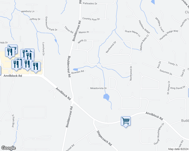 map of restaurants, bars, coffee shops, grocery stores, and more near 4400 Mortons Way in Ellenwood