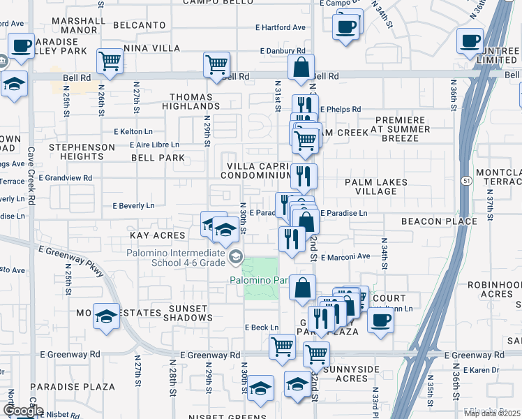 map of restaurants, bars, coffee shops, grocery stores, and more near 3009 East Paradise Lane in Phoenix