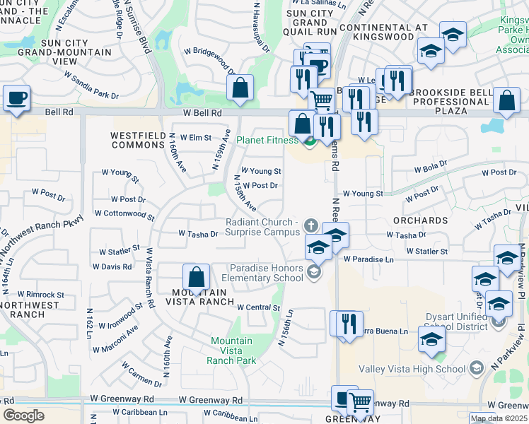 map of restaurants, bars, coffee shops, grocery stores, and more near 16519 North 158th Avenue in Surprise