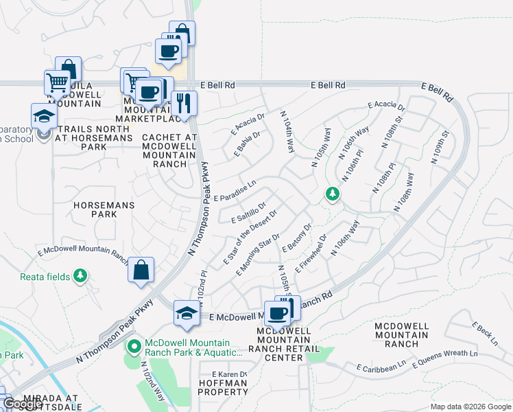 map of restaurants, bars, coffee shops, grocery stores, and more near 10462 East Star of the Desert Drive in Scottsdale