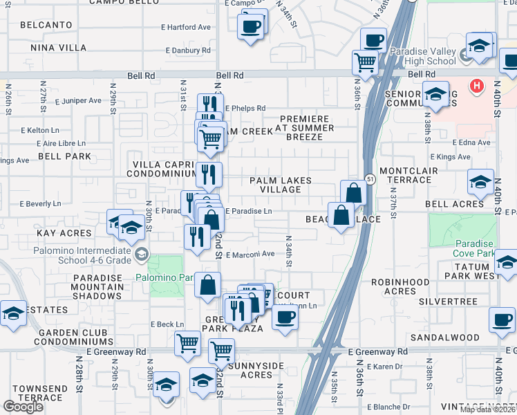 map of restaurants, bars, coffee shops, grocery stores, and more near 16005 North 32nd Street in Phoenix