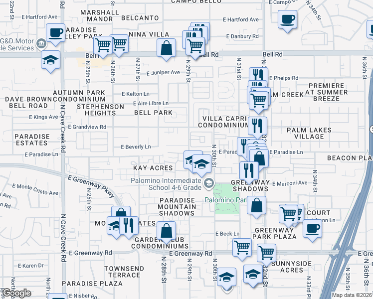 map of restaurants, bars, coffee shops, grocery stores, and more near 2844 East Le Marche Avenue in Phoenix