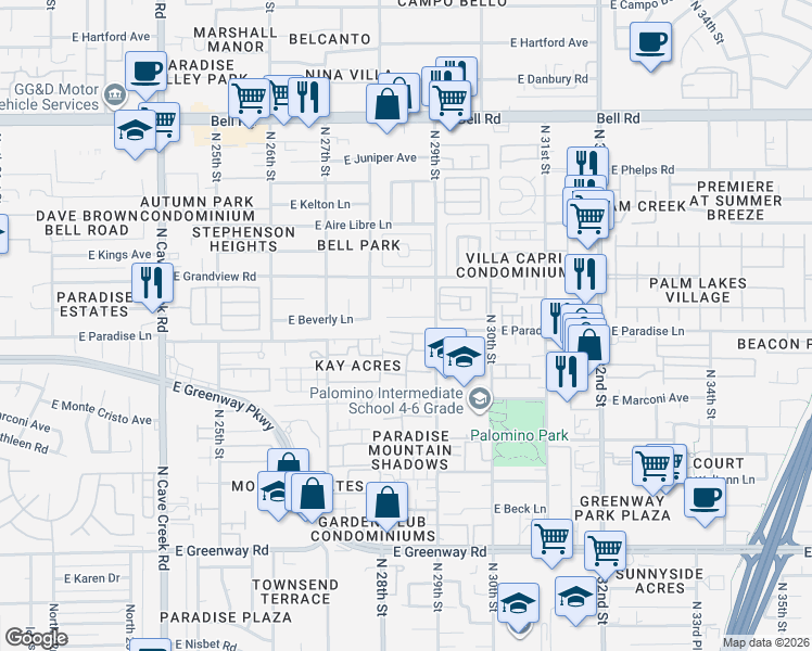 map of restaurants, bars, coffee shops, grocery stores, and more near 2814 East Le Marche Avenue in Phoenix