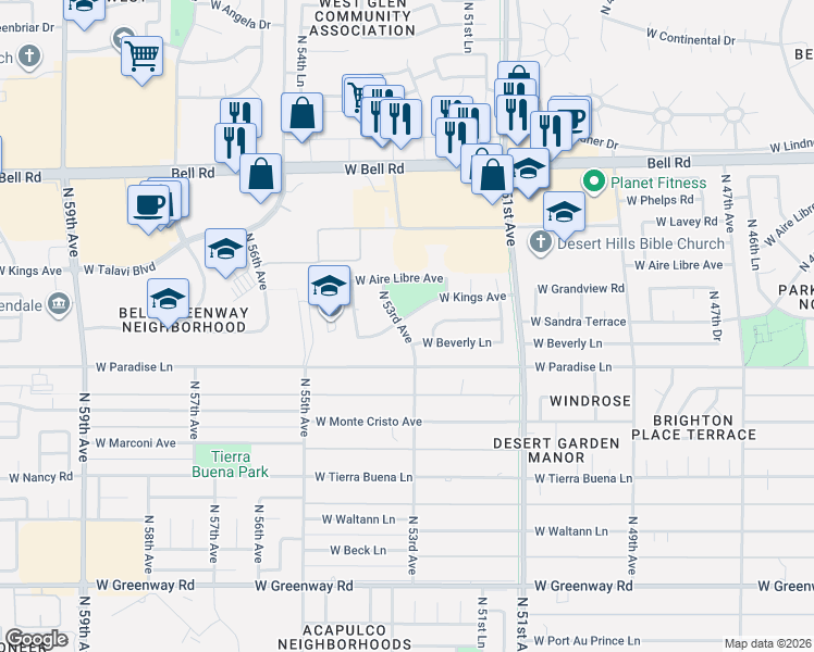map of restaurants, bars, coffee shops, grocery stores, and more near 16210 North 53rd Avenue in Glendale