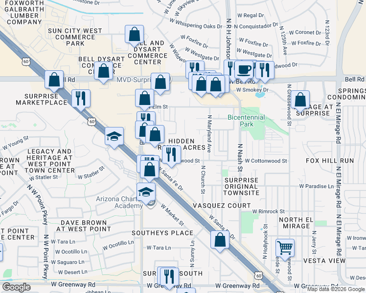 map of restaurants, bars, coffee shops, grocery stores, and more near 12908 West Cottonwood Street in Surprise