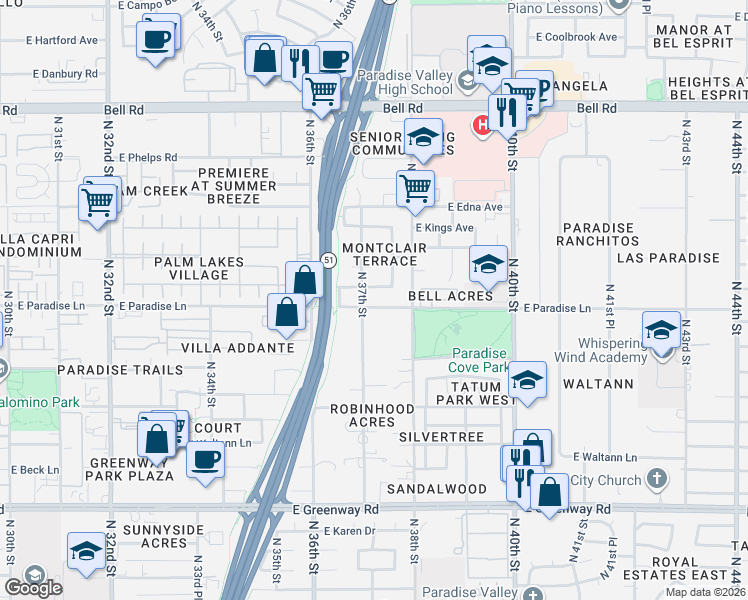 map of restaurants, bars, coffee shops, grocery stores, and more near 3715 East Paradise Lane in Phoenix