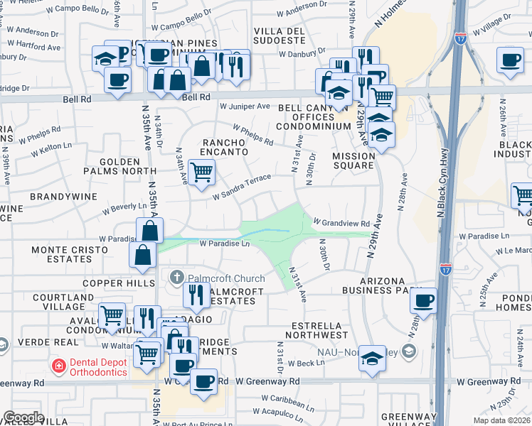 map of restaurants, bars, coffee shops, grocery stores, and more near 15645 North 31st Drive in Phoenix