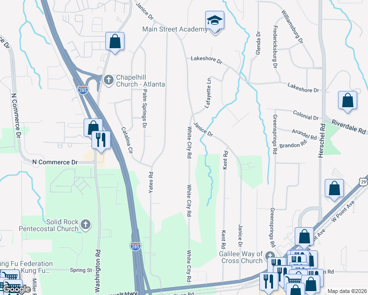 map of restaurants, bars, coffee shops, grocery stores, and more near 4489 White City Road in Atlanta