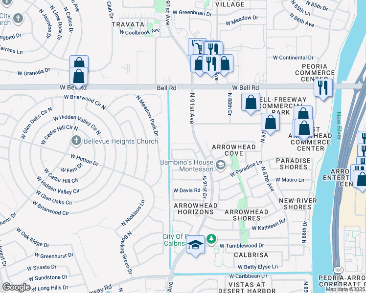 map of restaurants, bars, coffee shops, grocery stores, and more near 9212 West Canyon Drive in Peoria