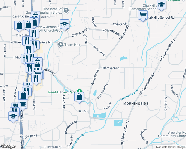 map of restaurants, bars, coffee shops, grocery stores, and more near 311 18th Avenue Northeast in Center Point