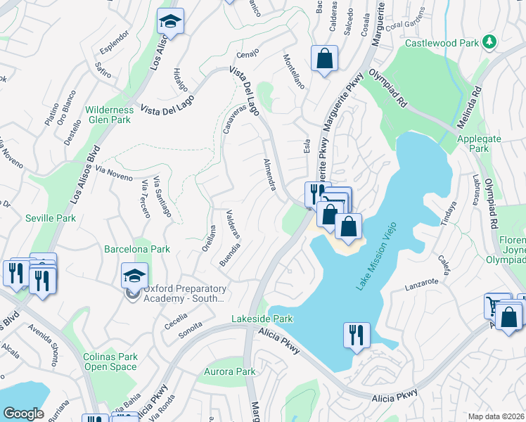 map of restaurants, bars, coffee shops, grocery stores, and more near 22662 Reinosa in Mission Viejo