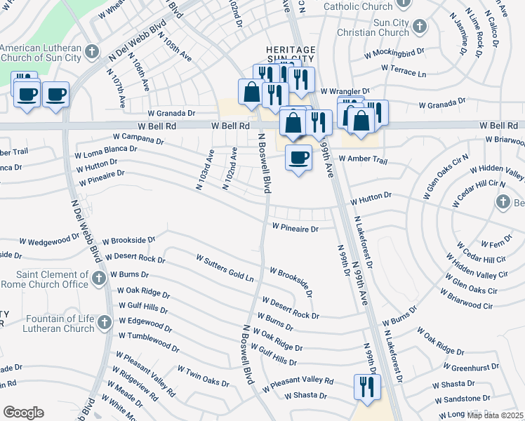 map of restaurants, bars, coffee shops, grocery stores, and more near 10101 West Hutton Drive in Sun City