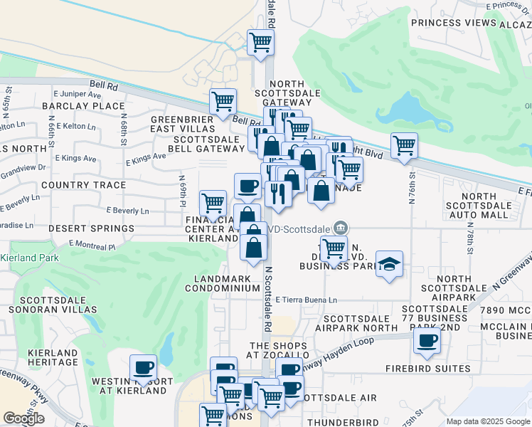 map of restaurants, bars, coffee shops, grocery stores, and more near 16210 North Scottsdale Road in Scottsdale