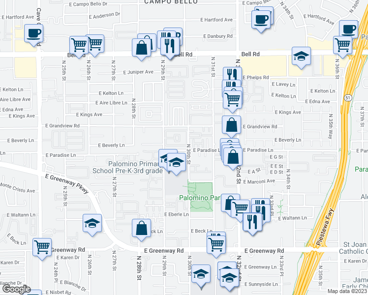 map of restaurants, bars, coffee shops, grocery stores, and more near 2934 East Le Marche Avenue in Phoenix