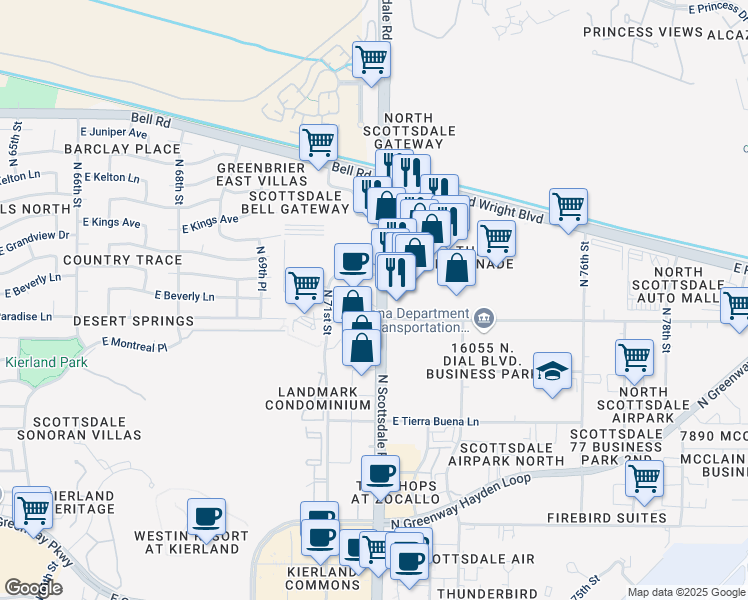 map of restaurants, bars, coffee shops, grocery stores, and more near 16220 North Scottsdale Road in Scottsdale
