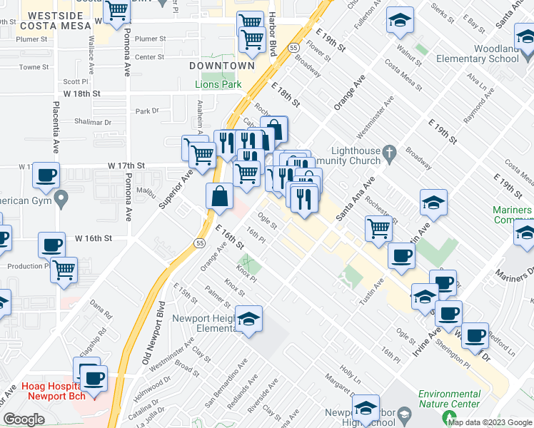map of restaurants, bars, coffee shops, grocery stores, and more near in Costa Mesa
