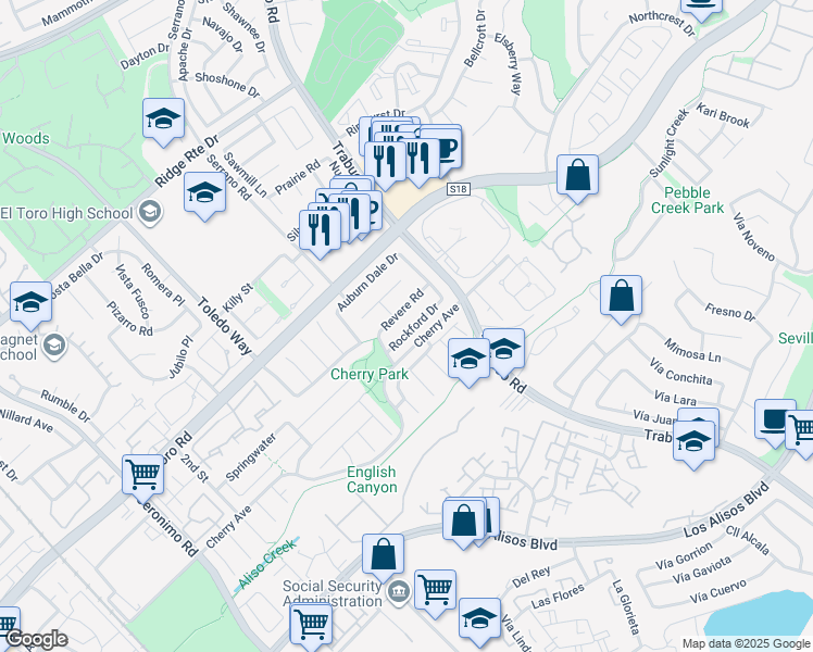 map of restaurants, bars, coffee shops, grocery stores, and more near 22681 Rockford Drive in Lake Forest