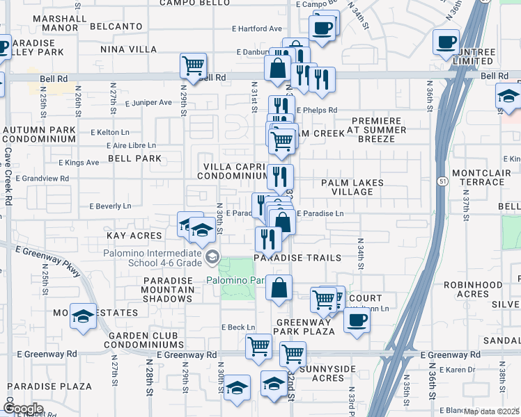 map of restaurants, bars, coffee shops, grocery stores, and more near 3102 East Paradise Lane in Phoenix