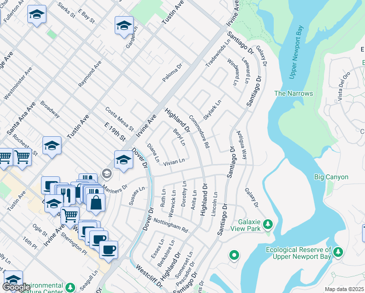 map of restaurants, bars, coffee shops, grocery stores, and more near 1801 Beryl Lane in Newport Beach