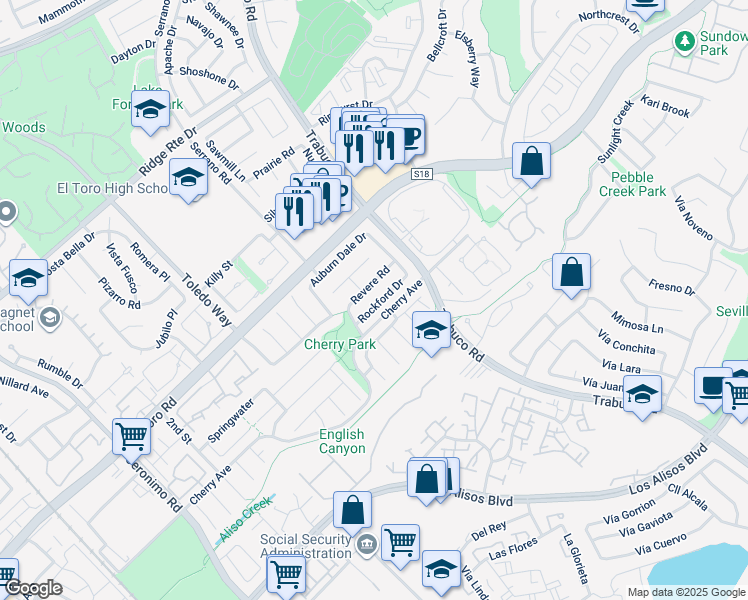 map of restaurants, bars, coffee shops, grocery stores, and more near 22681 Rockford Drive in Lake Forest