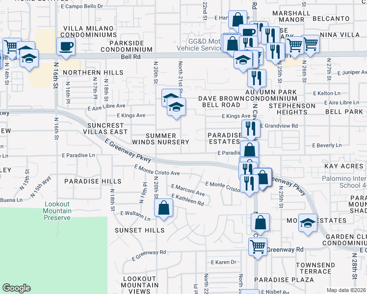 map of restaurants, bars, coffee shops, grocery stores, and more near 16227 North 21st Street in Phoenix